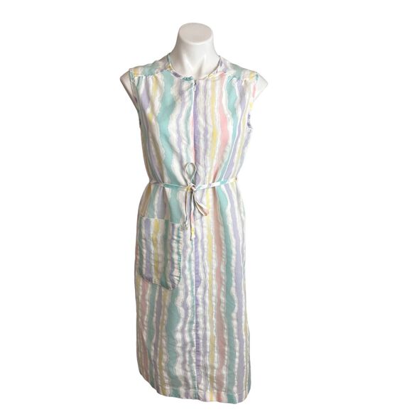 Smart Time House Coat Day Dress Multicolor Striped Half Zip Front Belt Vtg Sz S - Picture 1 of 13